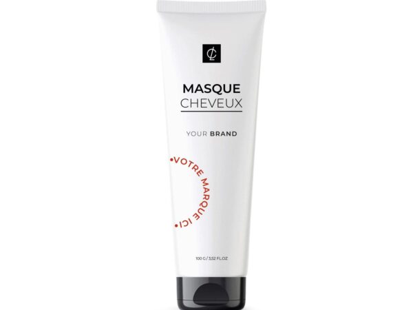 MASQUE CHEVEUX en marque blanche, tube blanc avec l'inscription "Votre Marque Ici".