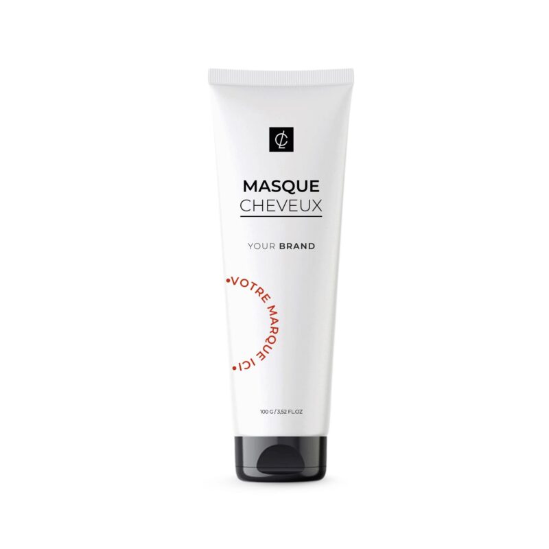 MASQUE CHEVEUX en marque blanche, tube blanc avec l'inscription "Votre Marque Ici".