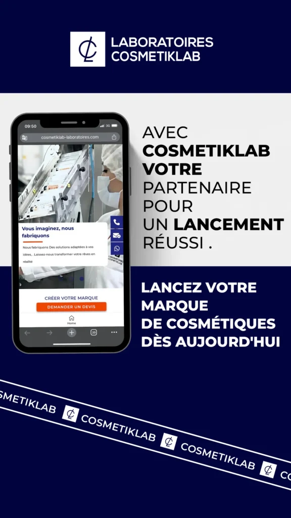 Laboratoire cosmétique à Marrakech : téléphone présentant un site web pour le lancement d'une marque de cosmétiques.