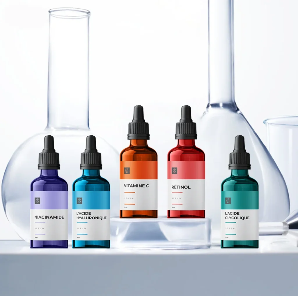 Laboratoire cosmétique à Marrakech : sérums pour le visage en cours de développement.