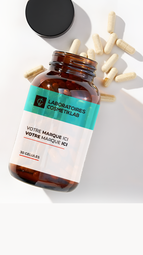 complément alimentaire : Flacon de compléments alimentaires avec l'étiquette "VOTRE MARQUE ICI" et "LABORATOIRES COSMETIKLAB".