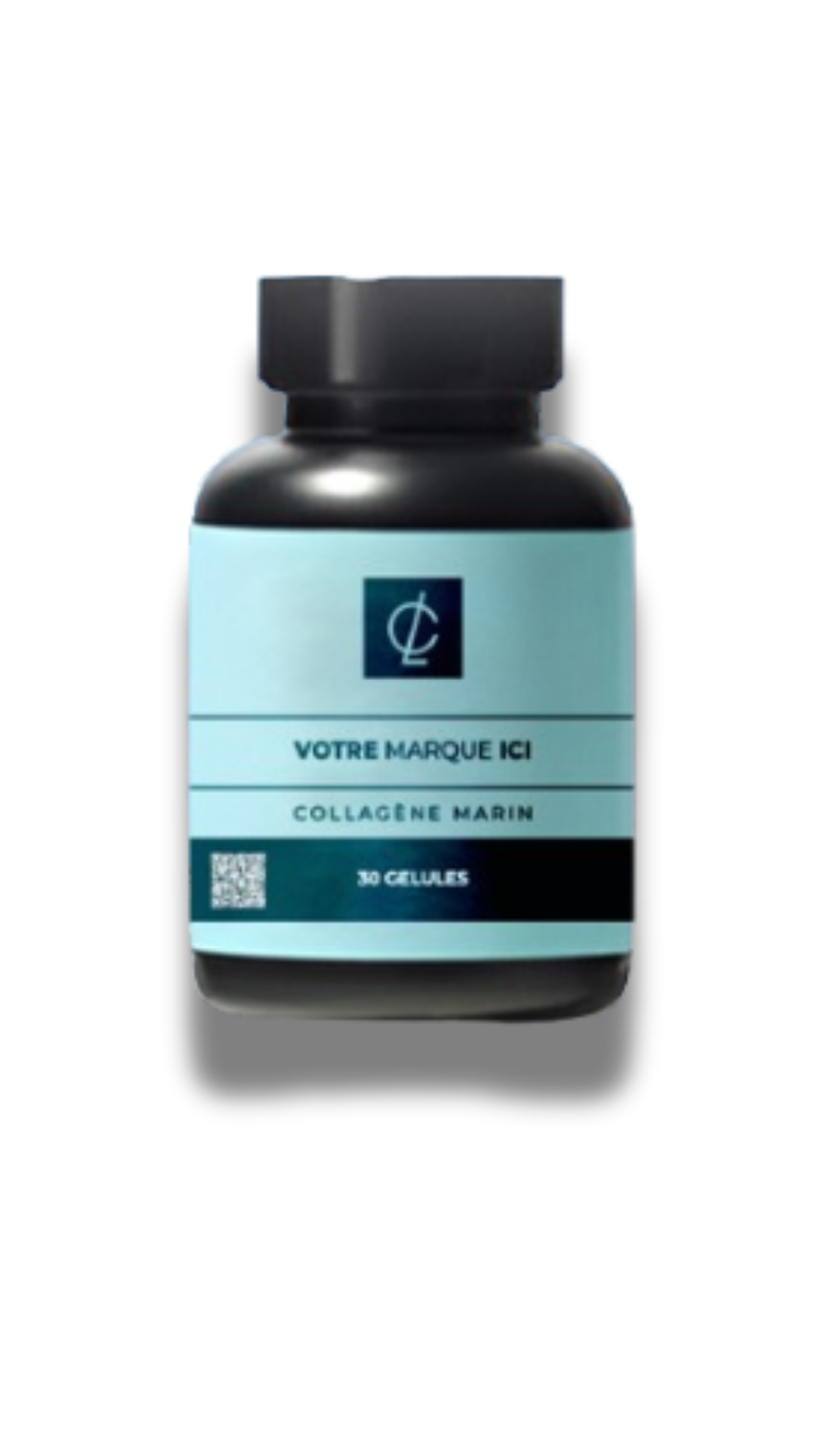 compléments alimentaires testés :Flacon de collagène marin avec l'étiquette "VOTRE MARQUE ICI".