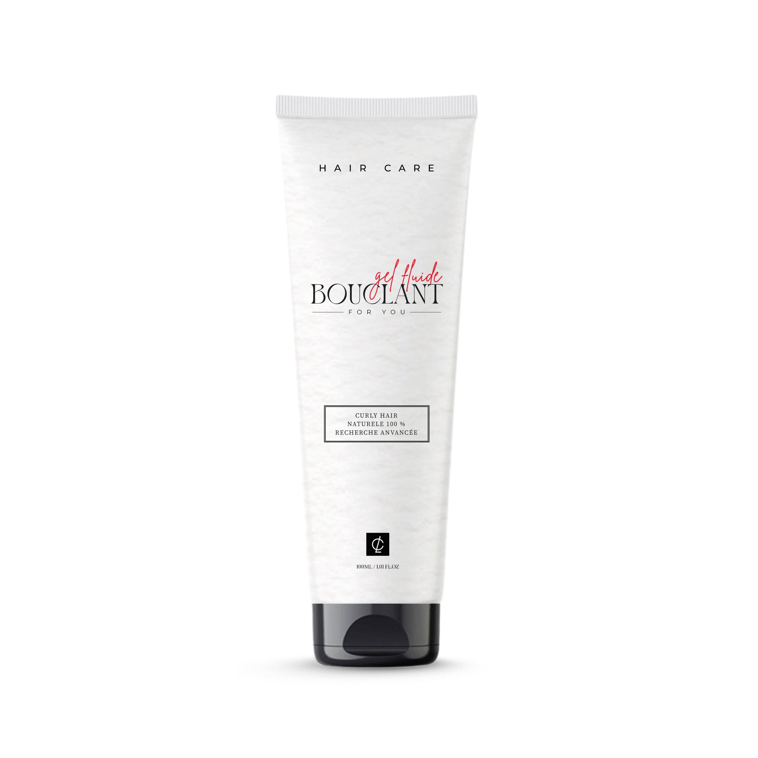Tube de Bouclant gel fluide de la gamme Hair Care, un soin capillaire professionnel pour cheveux bouclés, présenté dans un packaging blanc épuré avec des accents rouges.
