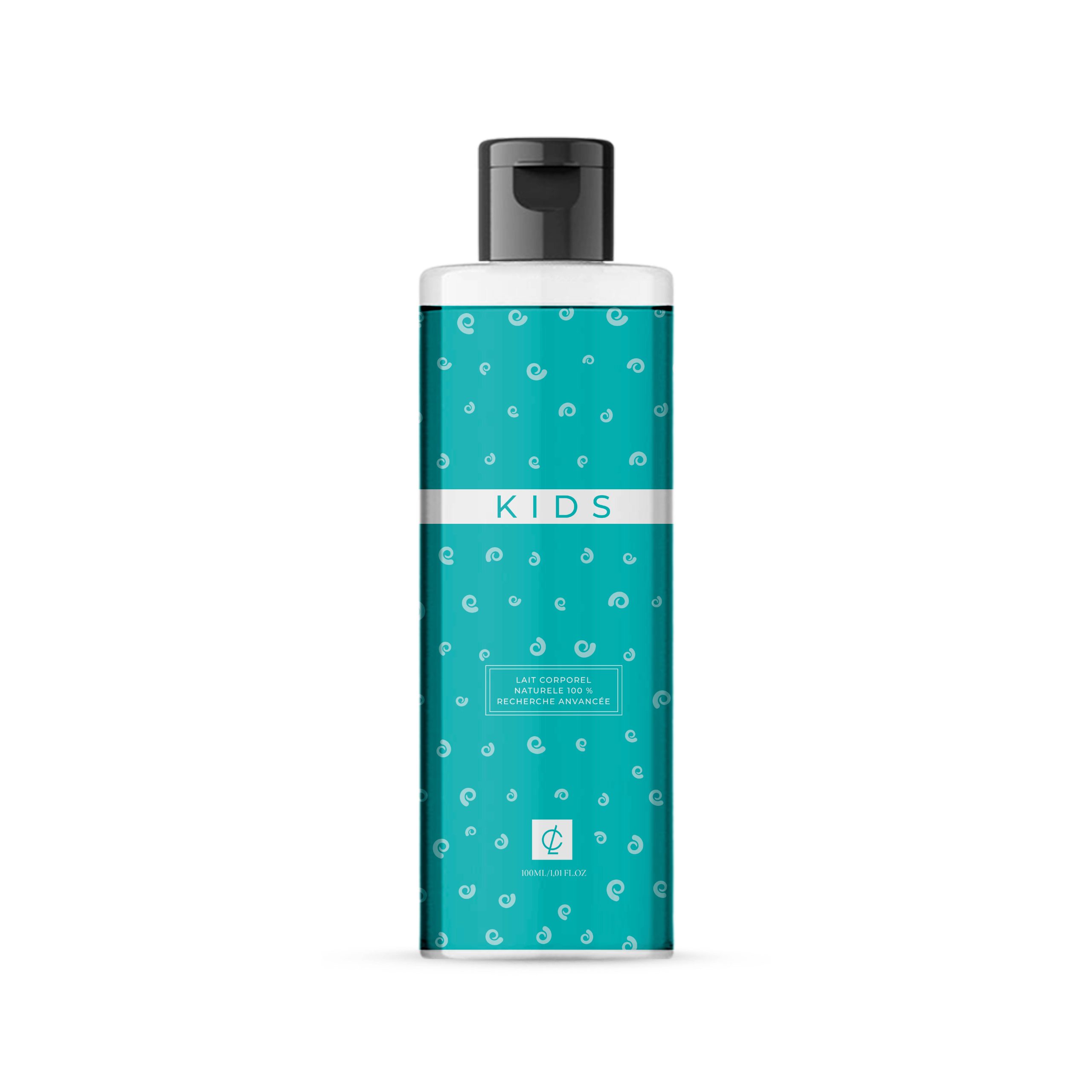 Flacon de Lait Corporel 100 % naturel de la gamme Kids pour bébé, présenté dans un packaging bleu turquoise avec des motifs de spirales.