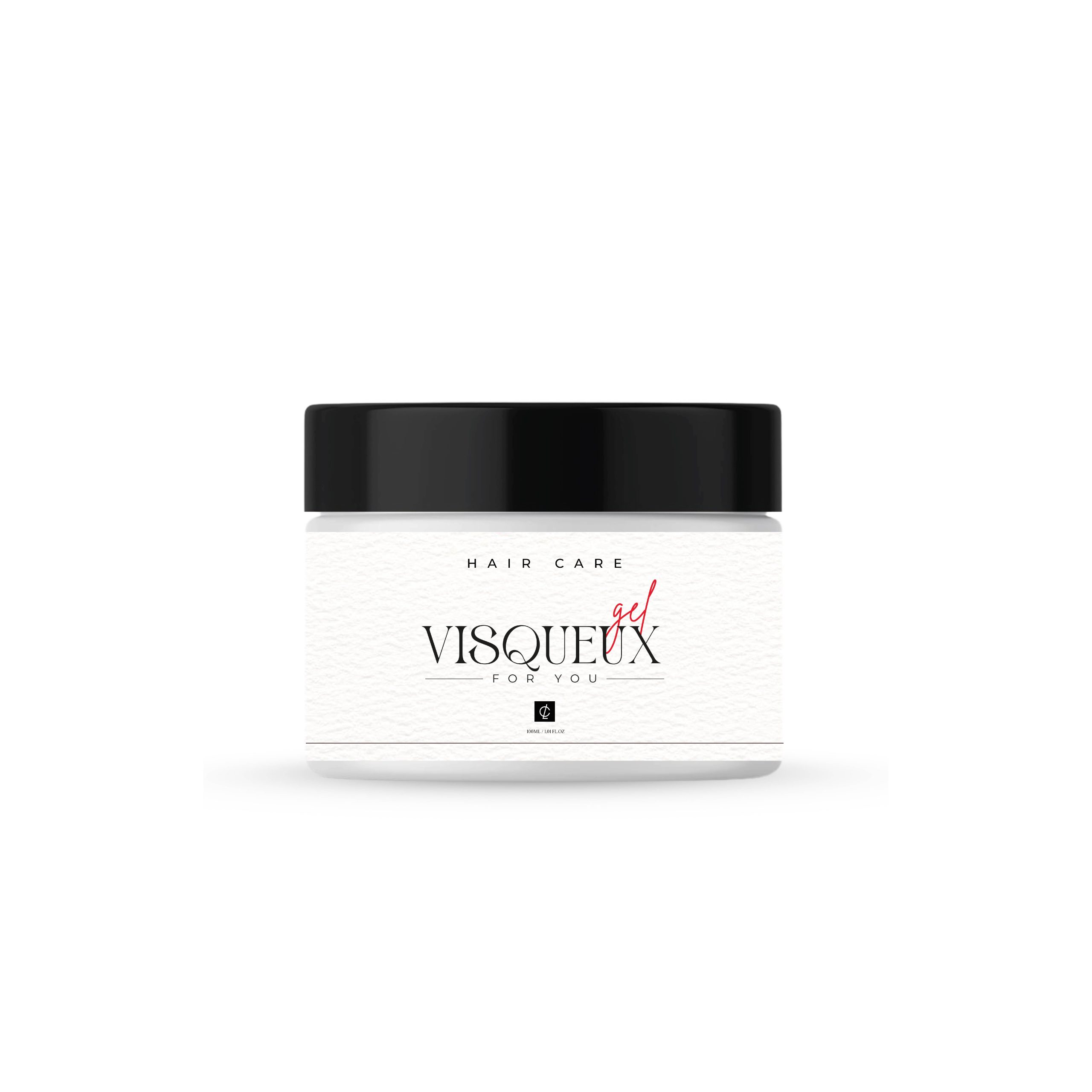 Pot de Visqueux gel de la gamme Hair Care, un gel capillaire professionnel à fixation extrême, présenté dans un emballage blanc avec un couvercle noir brillant.